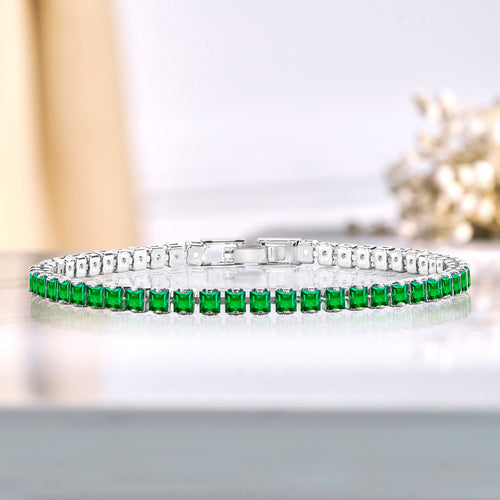 5.5 TCW Princess Cut May - Emerald - Birthstone Tennis Bracelet for Women Eternity Design - White Gold Plating, Birthday, Anniversary, Valentine's Day Gift