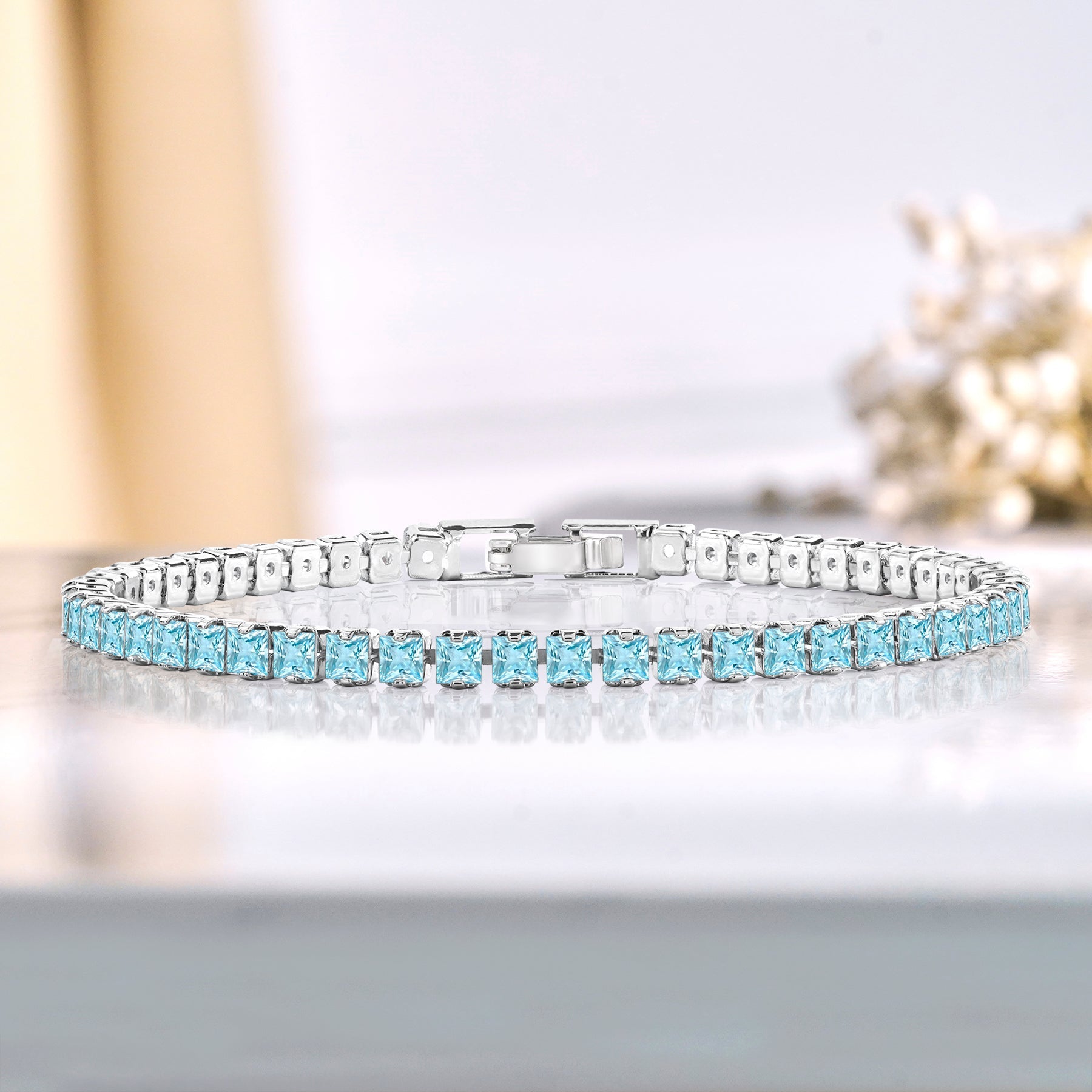 5.5 TCW Princess Cut March - Aquamarine - Birthstone Tennis Bracelet for Women Eternity Design - White Gold Plating, Birthday, Anniversary, Valentine's Day Gift
