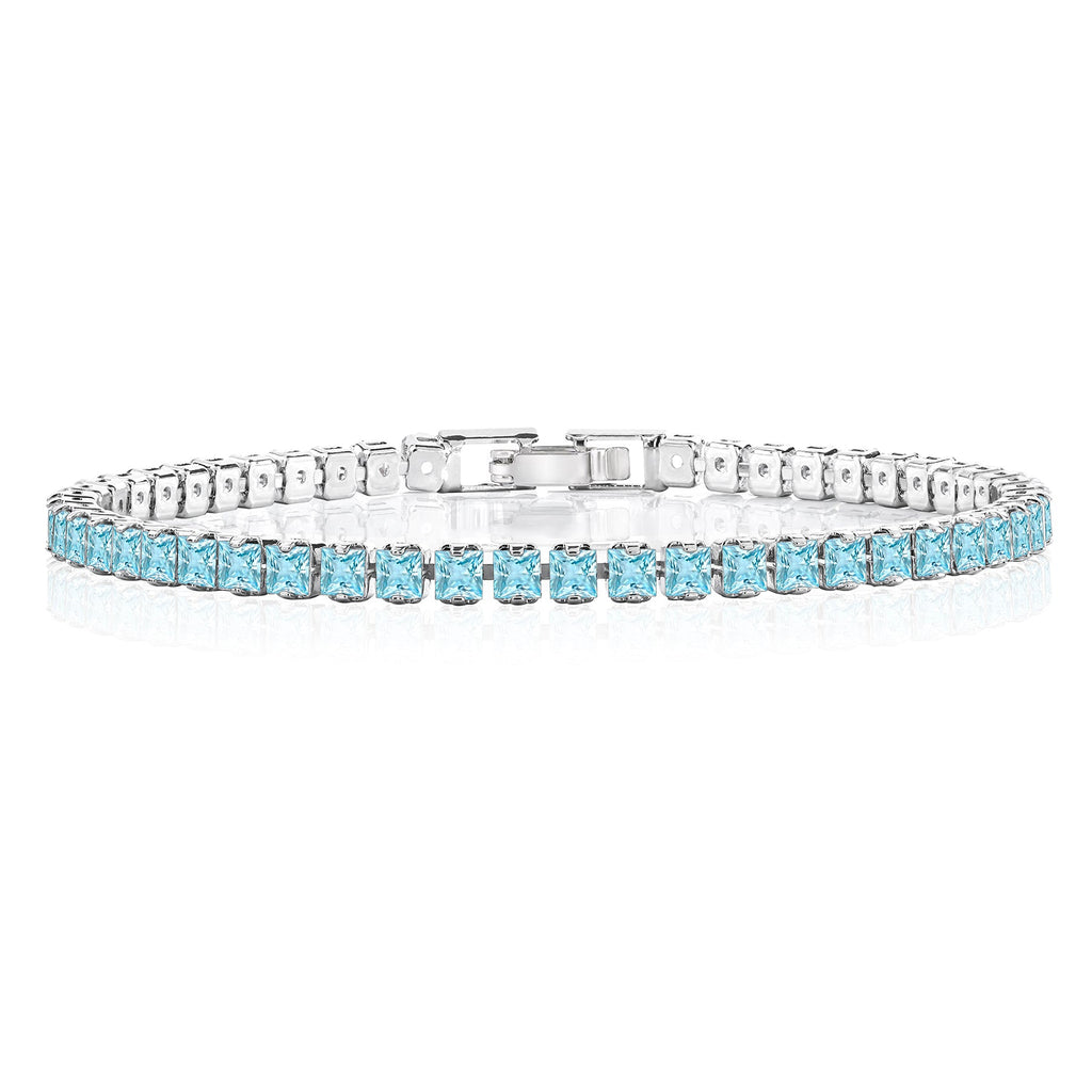 5.5 TCW Princess Cut March - Aquamarine - Birthstone Tennis Bracelet for Women Eternity Design - White Gold Plating, Birthday, Anniversary, Valentine's Day Gift