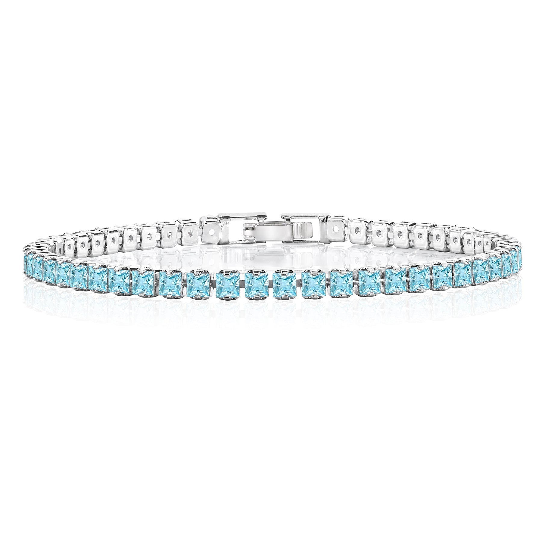 5.5 TCW Princess Cut March - Aquamarine - Birthstone Tennis Bracelet for Women Eternity Design - White Gold Plating, Birthday, Anniversary, Valentine's Day Gift