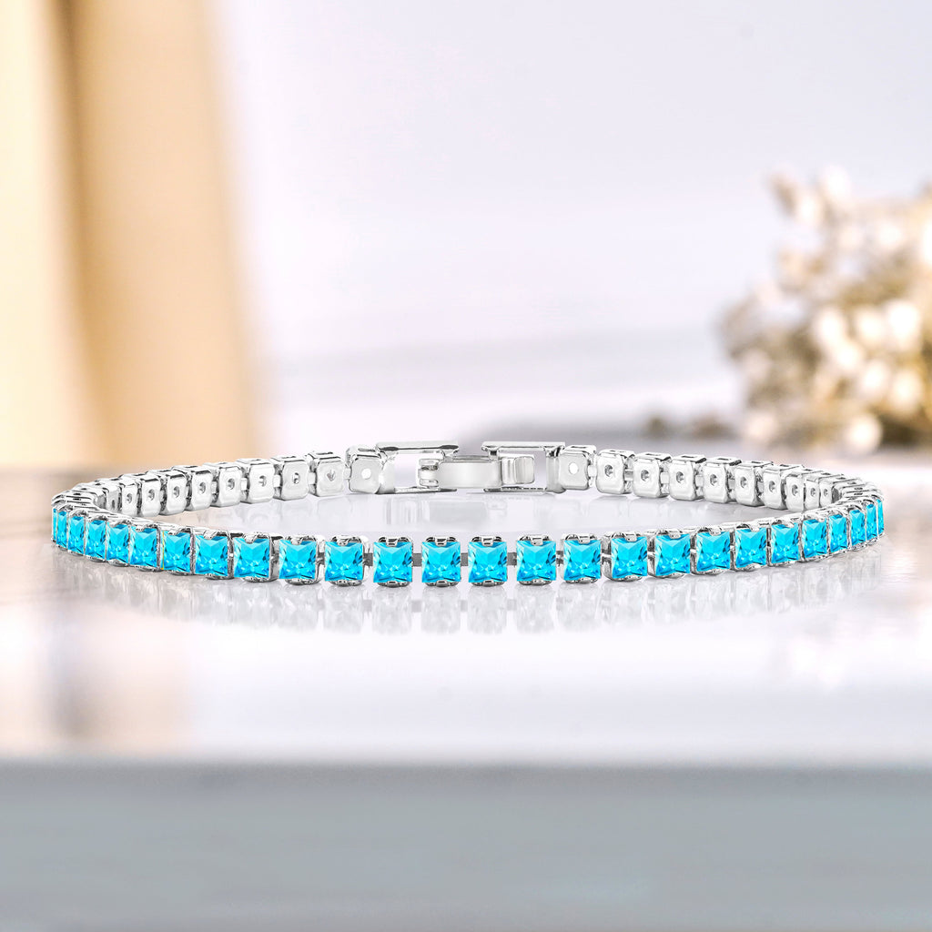 5.5 TCW Princess Cut December - Blue Topaz - Birthstone Tennis Bracelet for Women Eternity Design - White Gold Plating, Birthday, Anniversary, Valentine's Day Gift
