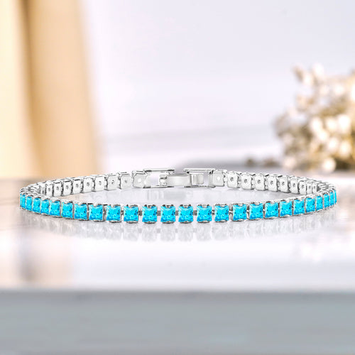 5.5 TCW Princess Cut December - Blue Topaz - Birthstone Tennis Bracelet for Women Eternity Design - White Gold Plating, Birthday, Anniversary, Valentine's Day Gift