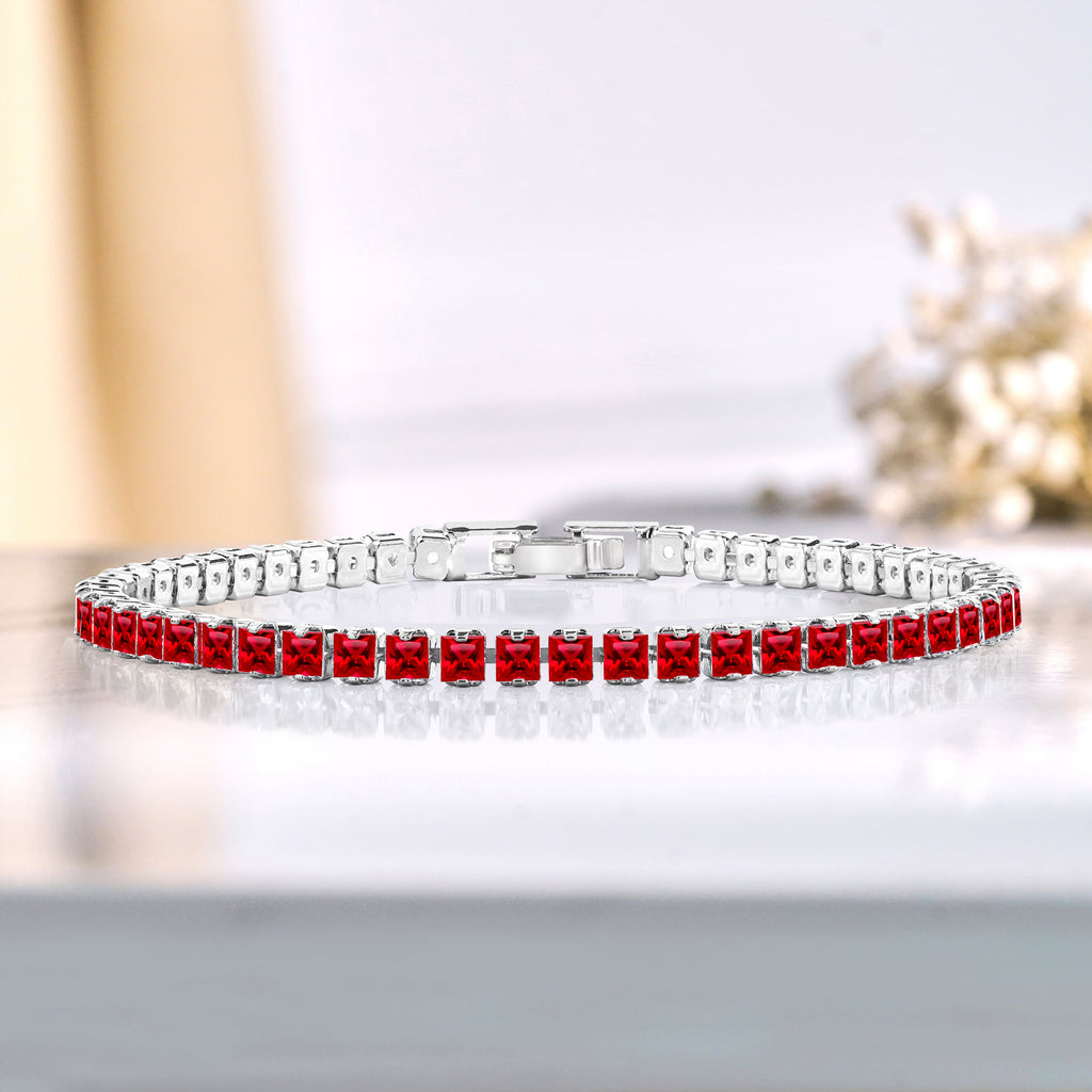 5.5 TCW Princess Cut July - Ruby - Birthstone Tennis Bracelet for Women Eternity Design - White Gold Plating, Birthday, Anniversary, Valentine's Day Gift