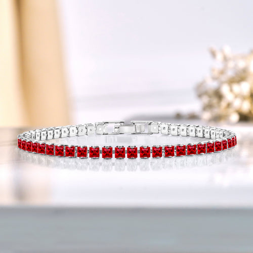 5.5 TCW Princess Cut July - Ruby - Birthstone Tennis Bracelet for Women Eternity Design - White Gold Plating, Birthday, Anniversary, Valentine's Day Gift