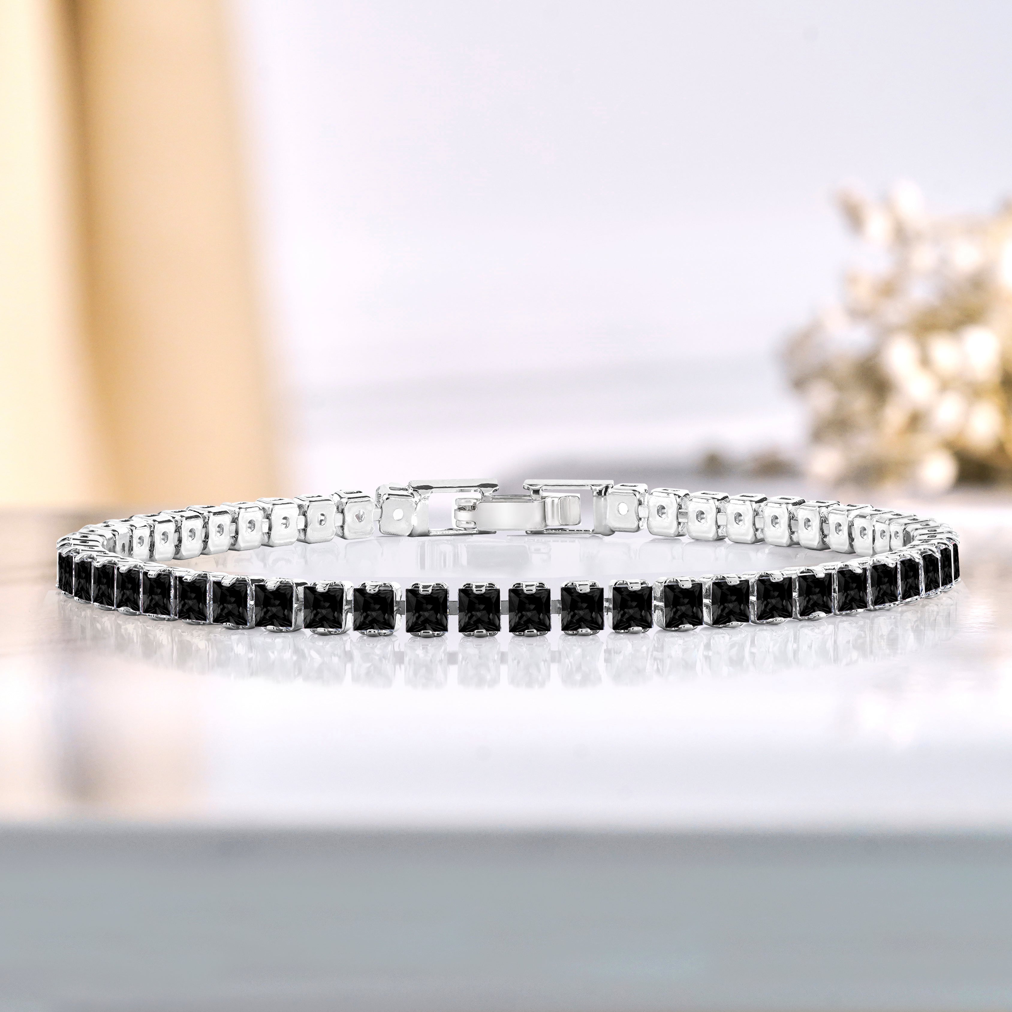 JeenMata 5.5 TCW Black Cubic Zirconia - Princess Cut Birthstone Tennis Bracelet for Women Eternity Design - White Gold Plating, Birthday, Anniversary, Valentine's Day Gift