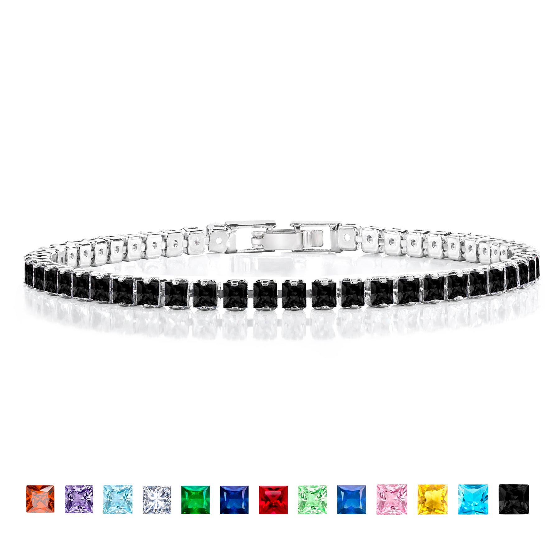 JeenMata 5.5 TCW Black Cubic Zirconia - Princess Cut Birthstone Tennis Bracelet for Women Eternity Design - White Gold Plating, Birthday, Anniversary, Valentine's Day Gift