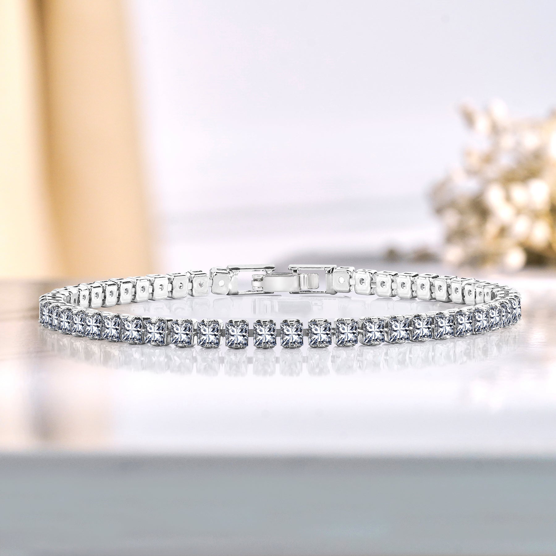 5.5 TCW Princess Cut April - Cubic Zirconia - Birthstone Tennis Bracelet for Women Eternity Design - White Gold Plating, Birthday, Anniversary, Valentine's Day Gift