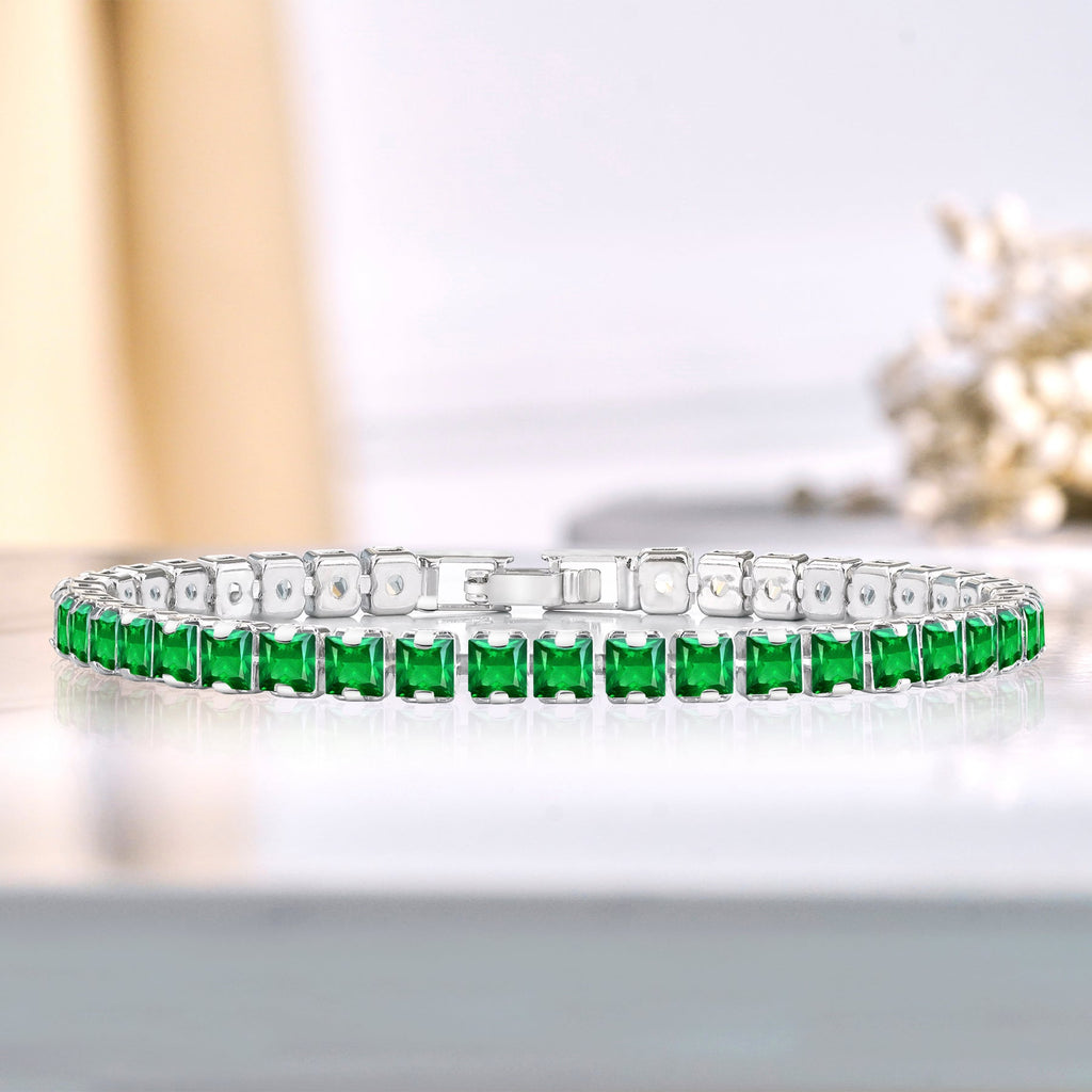 Huge 11 Carat Princess Cut May - Emerald - Birthstone Tennis Bracelet for Women Eternity Design - White Gold Plating, Birthday, Anniversary, Valentine's Day Gift