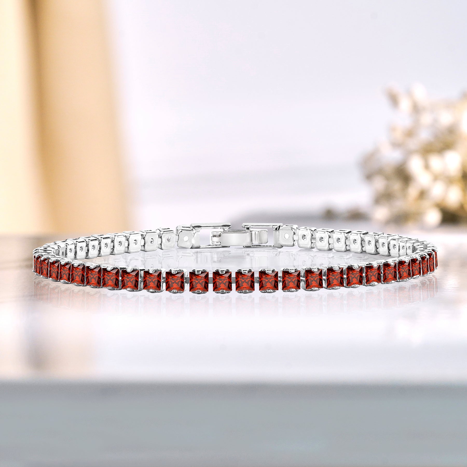 5.5 TCW Princess Cut January - Garnet - Birthstone Tennis Bracelet for Women Eternity Design - White Gold Plating, Birthday, Anniversary, Valentine's Day Gift
