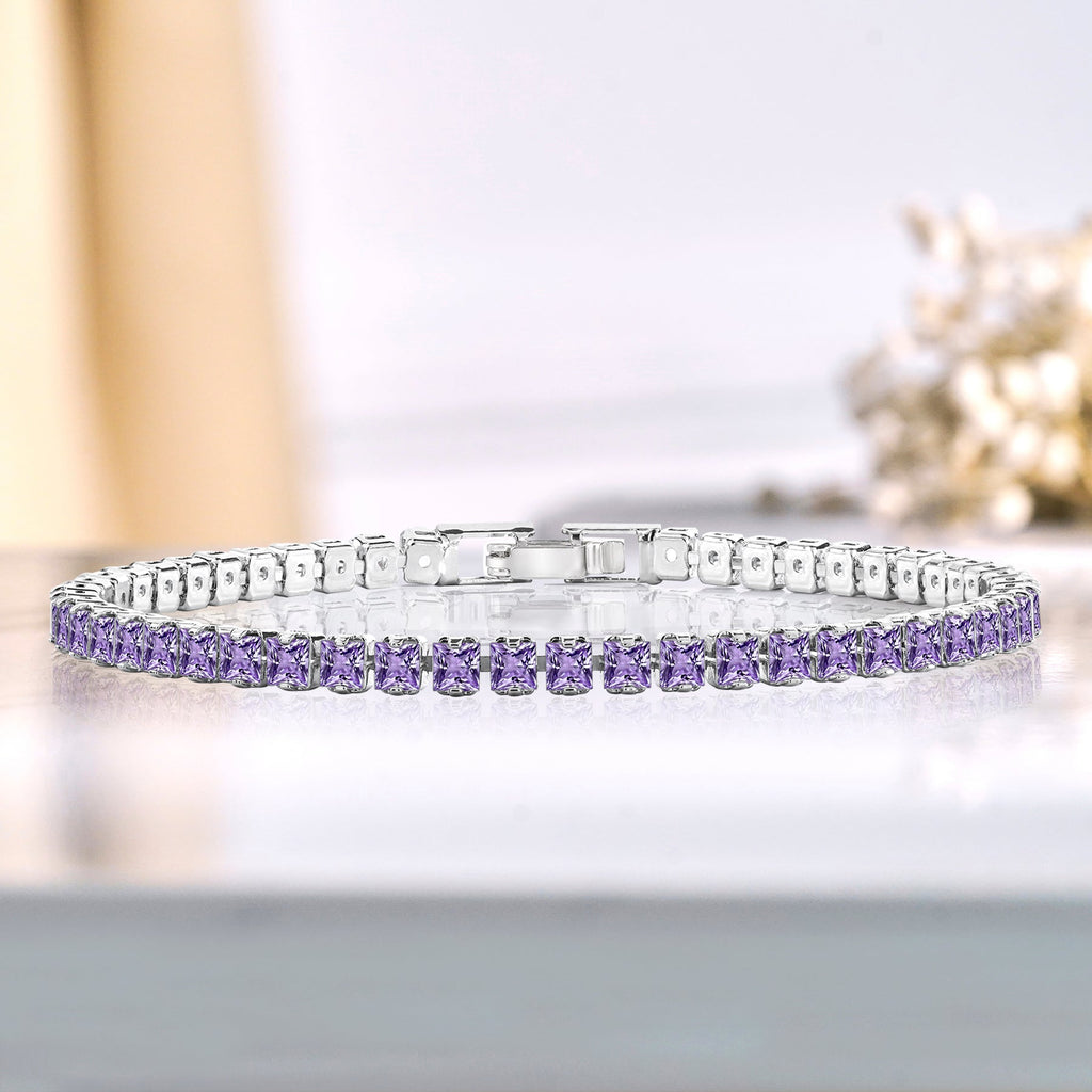 5.5 TCW Princess Cut February - Amethyst - Birthstone Tennis Bracelet for Women Eternity Design - White Gold Plating, Birthday, Anniversary, Valentine's Day Gift
