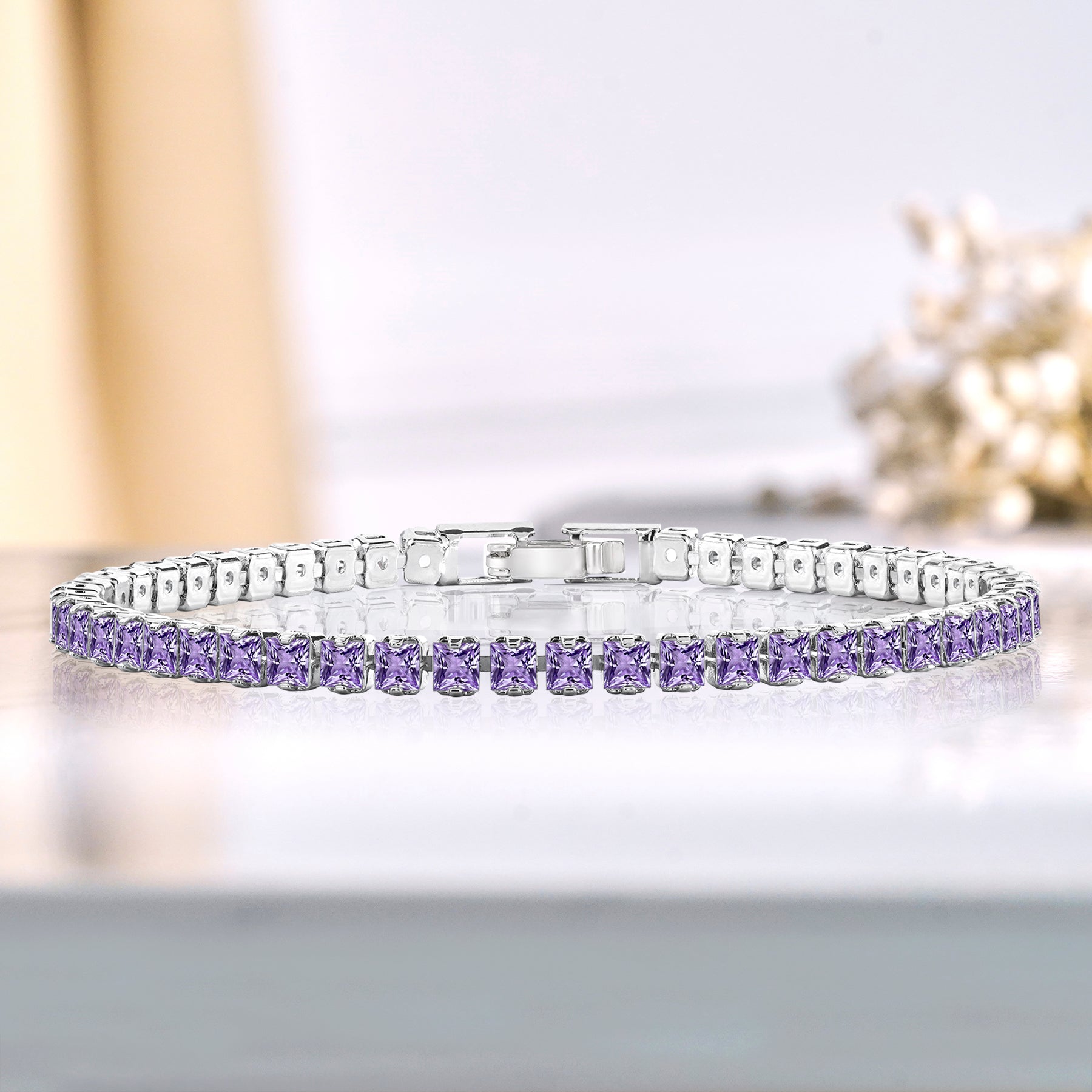 5.5 TCW Princess Cut February - Amethyst - Birthstone Tennis Bracelet for Women Eternity Design - White Gold Plating, Birthday, Anniversary, Valentine's Day Gift