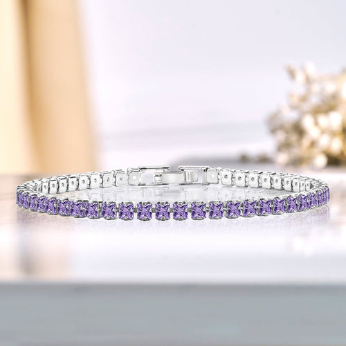 5.5 TCW Princess Cut February - Amethyst - Birthstone Tennis Bracelet for Women Eternity Design - White Gold Plating, Birthday, Anniversary, Valentine's Day Gift