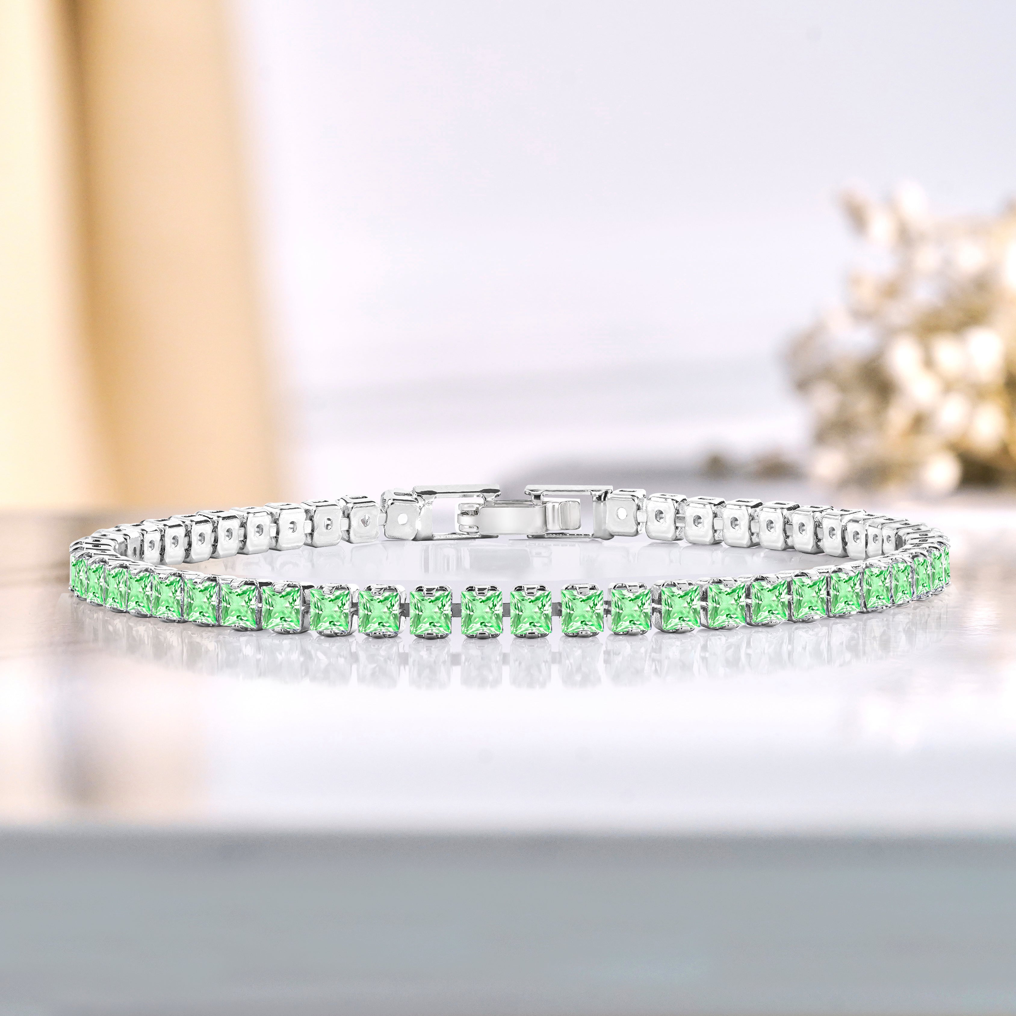 5.5 TCW Princess Cut August - Peridot - Birthstone Tennis Bracelet for Women Eternity Design - White Gold Plating, Birthday, Anniversary, Valentine's Day Gift