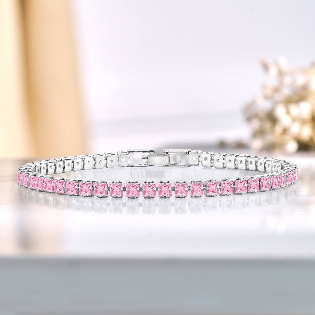 5.5 TCW Princess Cut October - Pink Tourmaline - Birthstone Tennis Bracelet for Women Eternity Design - White Gold Plating, Birthday, Anniversary, Valentine's Day Gift