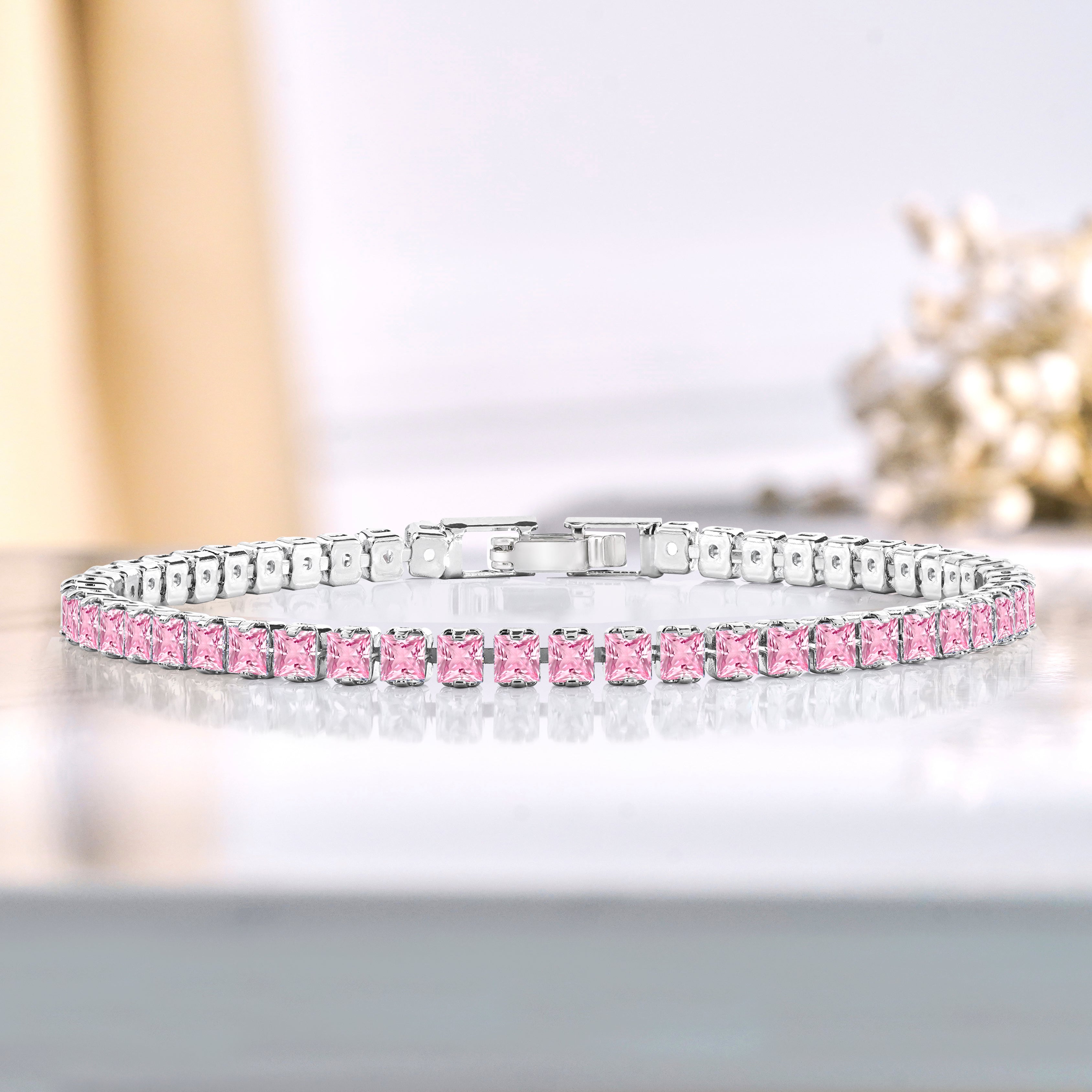 5.5 TCW Princess Cut October - Pink Tourmaline - Birthstone Tennis Bracelet for Women Eternity Design - White Gold Plating, Birthday, Anniversary, Valentine's Day Gift