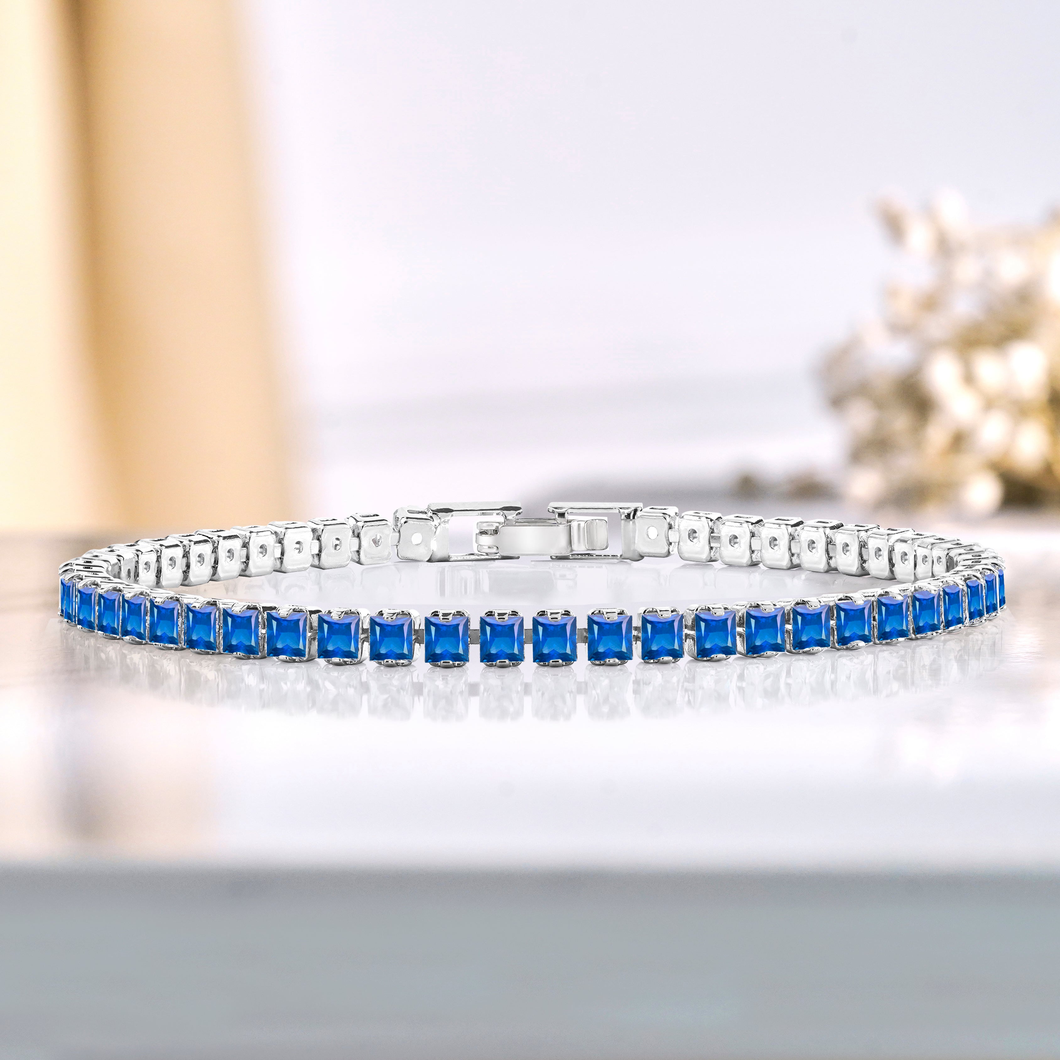 5.5 TCW Princess Cut September - Blue Sapphire - Birthstone Tennis Bracelet for Women Eternity Design - White Gold Plating, Birthday, Anniversary, Valentine's Day Gift