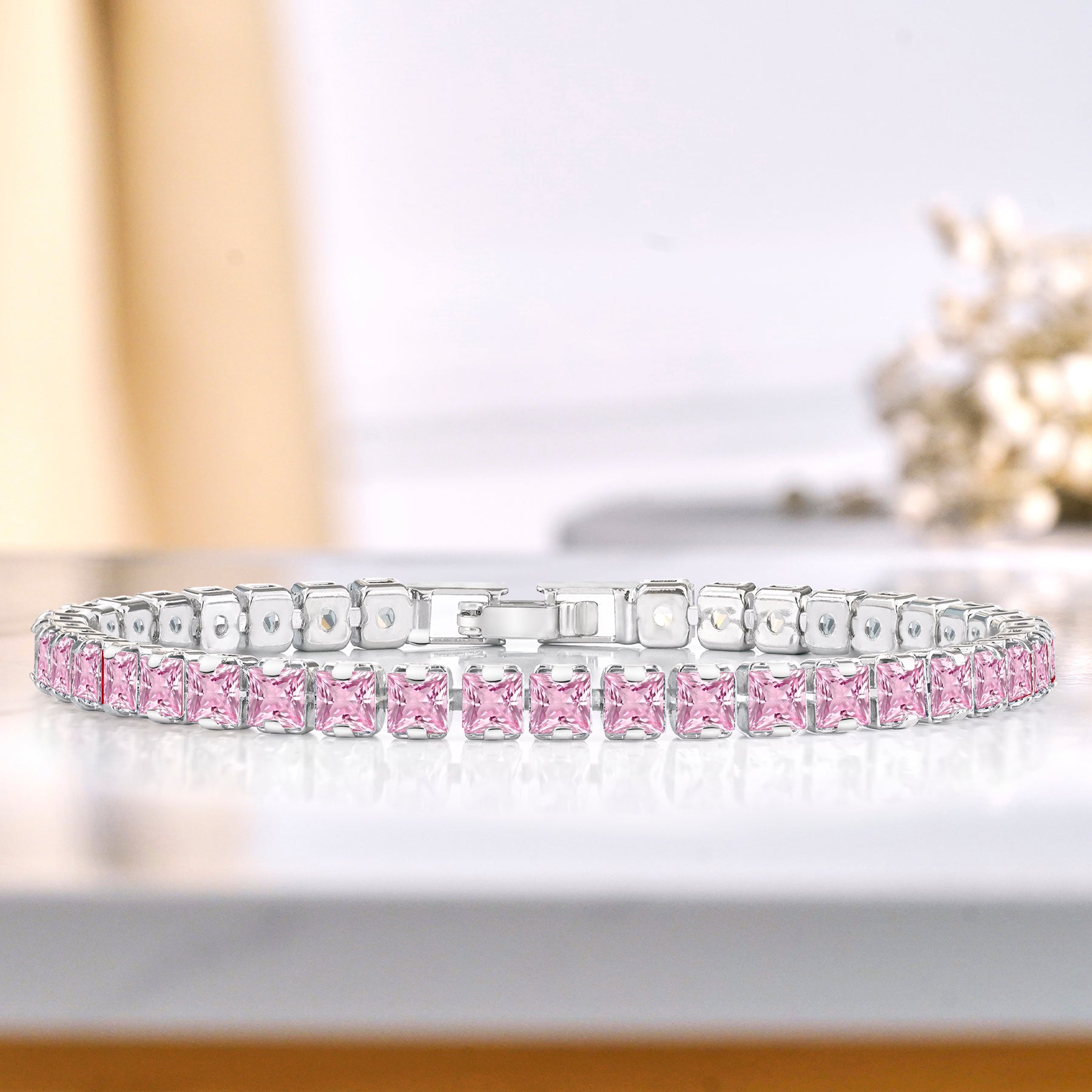 Huge 11 Carat Princess Cut October - Pink Tourmaline - Birthstone Tennis Bracelet for Women Eternity Design - White Gold Plating, Birthday, Anniversary, Valentine's Day Gift