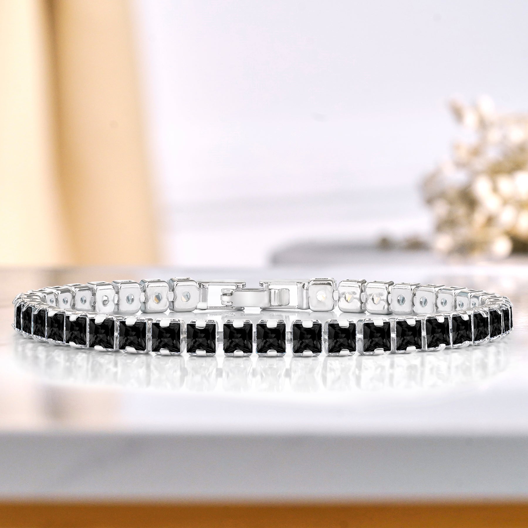 JeenMata 11 Carat Black Cubic Zirconia - Princess Cut Birthstone Tennis Bracelet for Women Eternity Design - White Gold Plating, Birthday, Anniversary, Valentine's Day Gift
