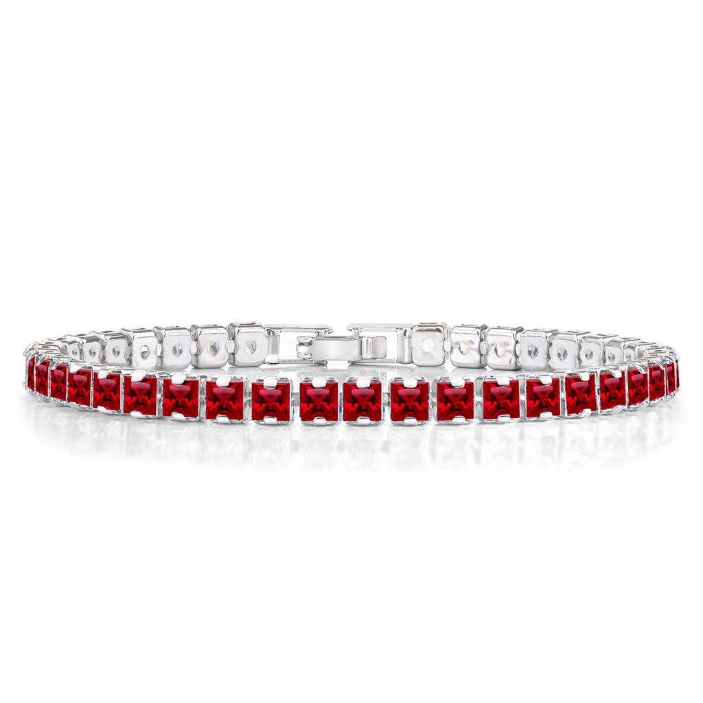 Huge 11 Carat Princess Cut July - Ruby - Birthstone Tennis Bracelet for Women Eternity Design - White Gold Plating, Birthday, Anniversary, Valentine's Day Gift
