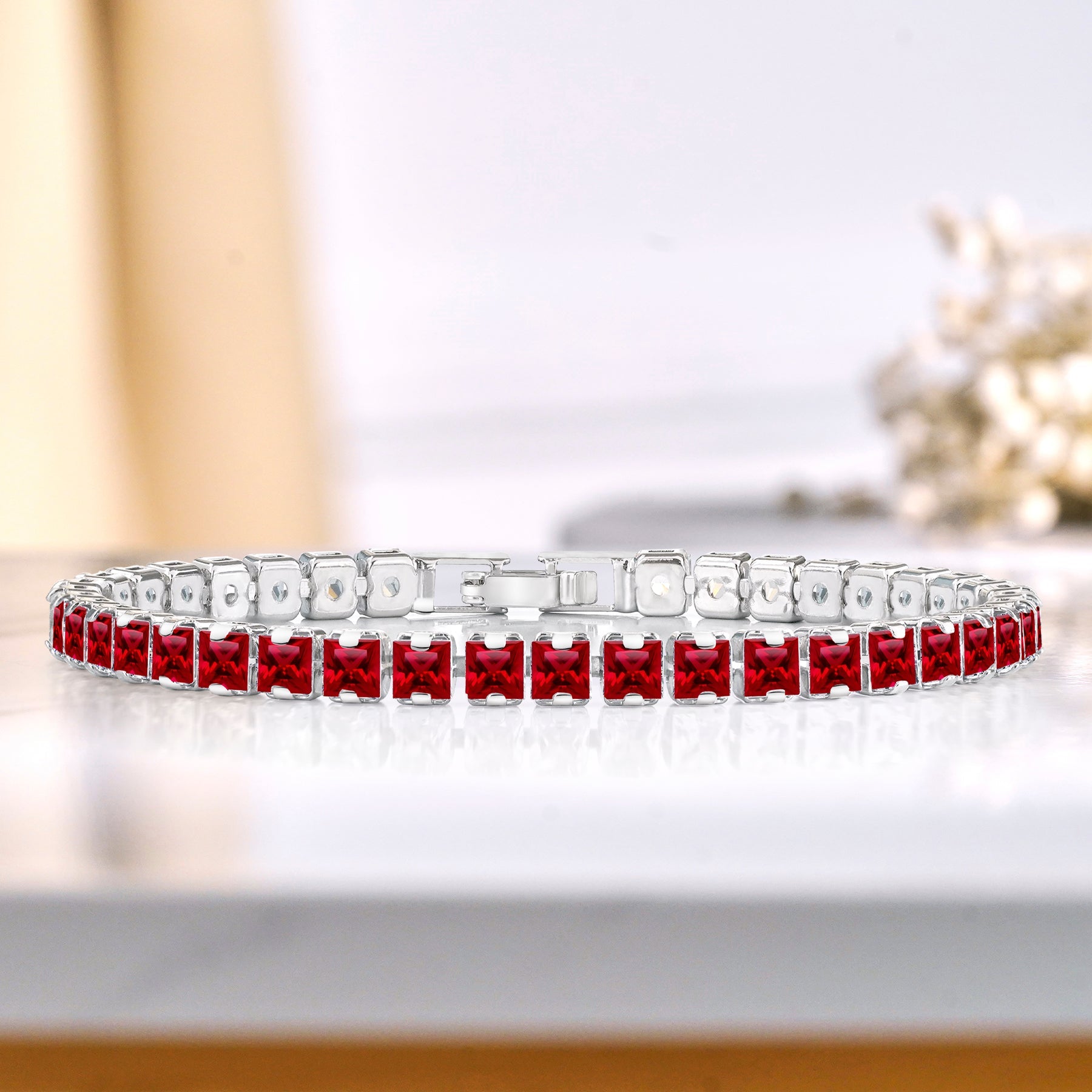 Huge 11 Carat Princess Cut July - Ruby - Birthstone Tennis Bracelet for Women Eternity Design - White Gold Plating, Birthday, Anniversary, Valentine's Day Gift