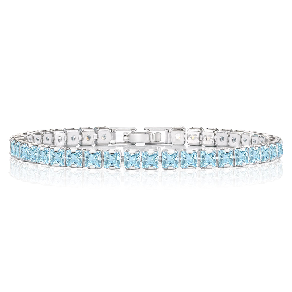 Huge 11 Carat Princess Cut March - Aquamarine - Birthstone Tennis Bracelet for Women Eternity Design - White Gold Plating, Birthday, Anniversary, Valentine's Day Gift