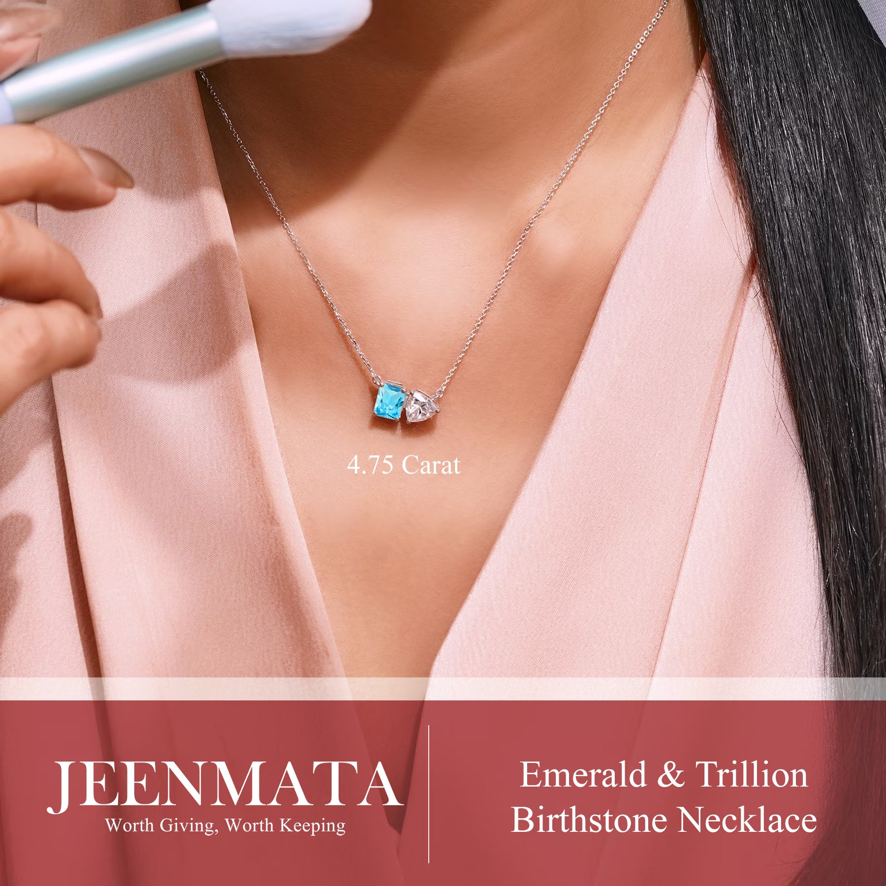 JeenMata 4.75 Carat Blue Topaz & Cubic Zirconia Two Stone Birthstone Necklaces - December Birthstone Emerald and Trillion Cut Pendant Necklace in 18K White Gold Plating Gift for Women