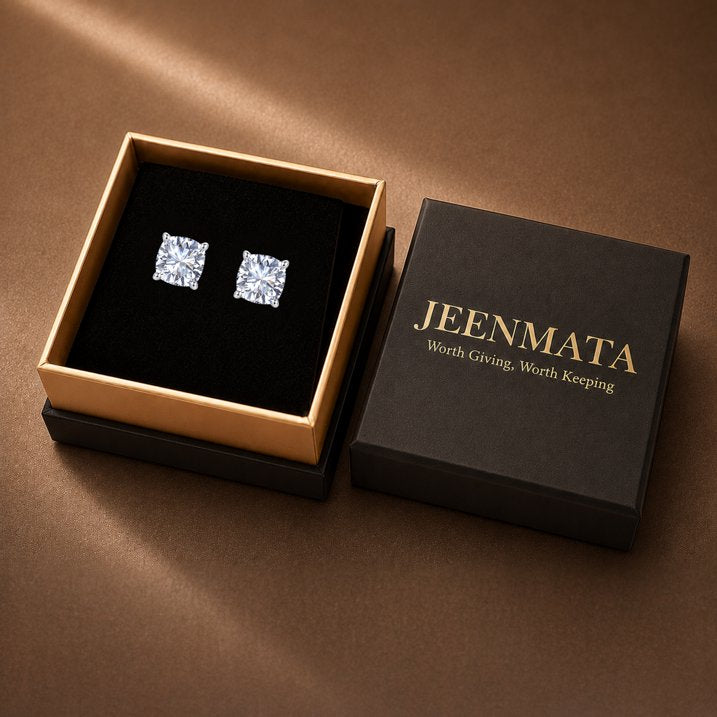 JeenMata 2 Carat Cushion Solitaire Moissanite Stud Earrings for Women, Earrings for Men, 18K White Gold Plated, Hypoallergenic Earrings, D VS1, Stud Earring for Woman, Jewelry, Gift, Earrings