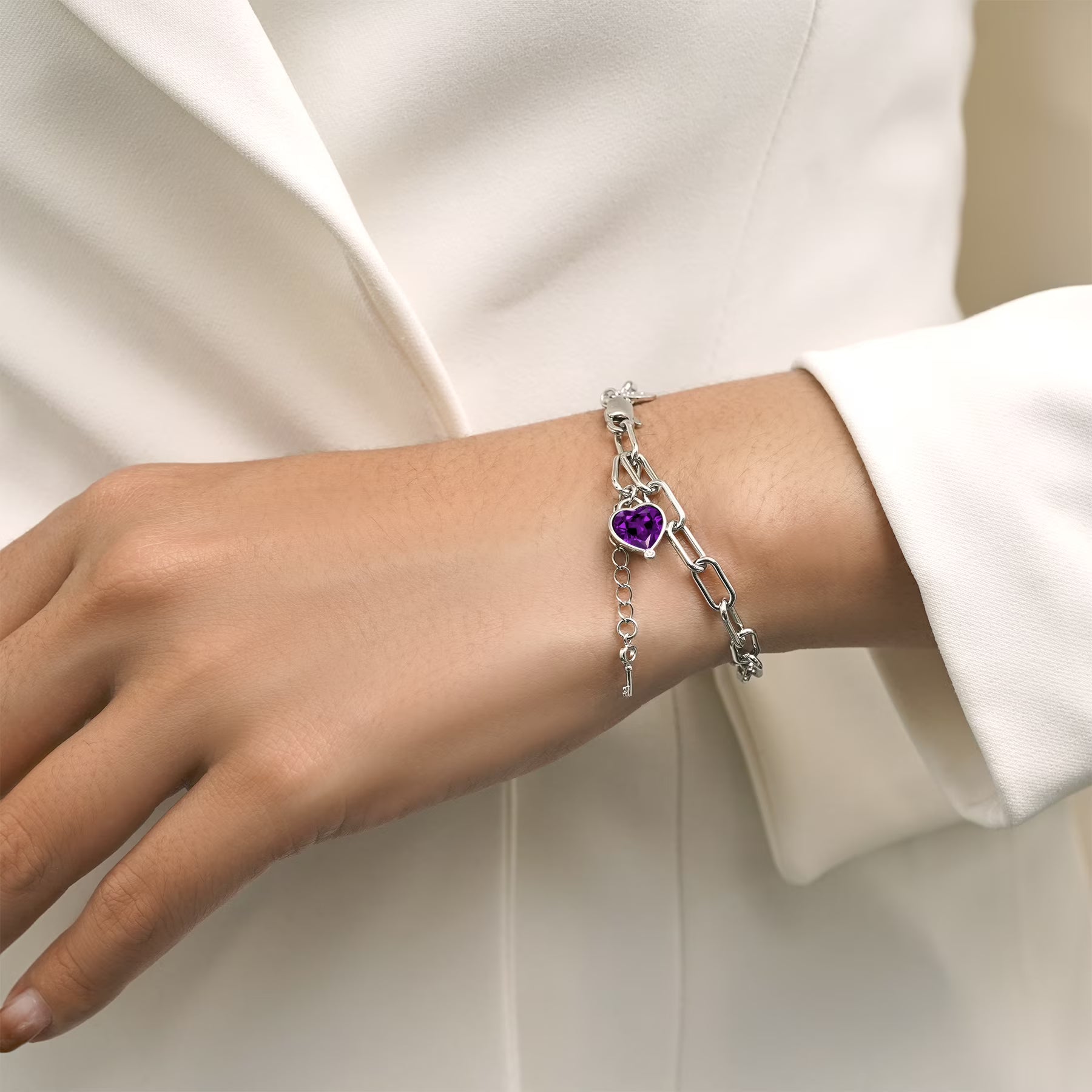JeenMata 3 Carat February Heart & Key Charm Birthstone Bracelet - 18K White Gold Plating for Women