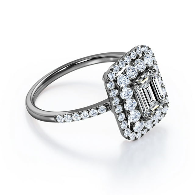 JeenMata 1.5 Carat Emerald Cut Moissanite Engagement Ring - Bridal Ring - Double Halo Ring - Cluster Ring