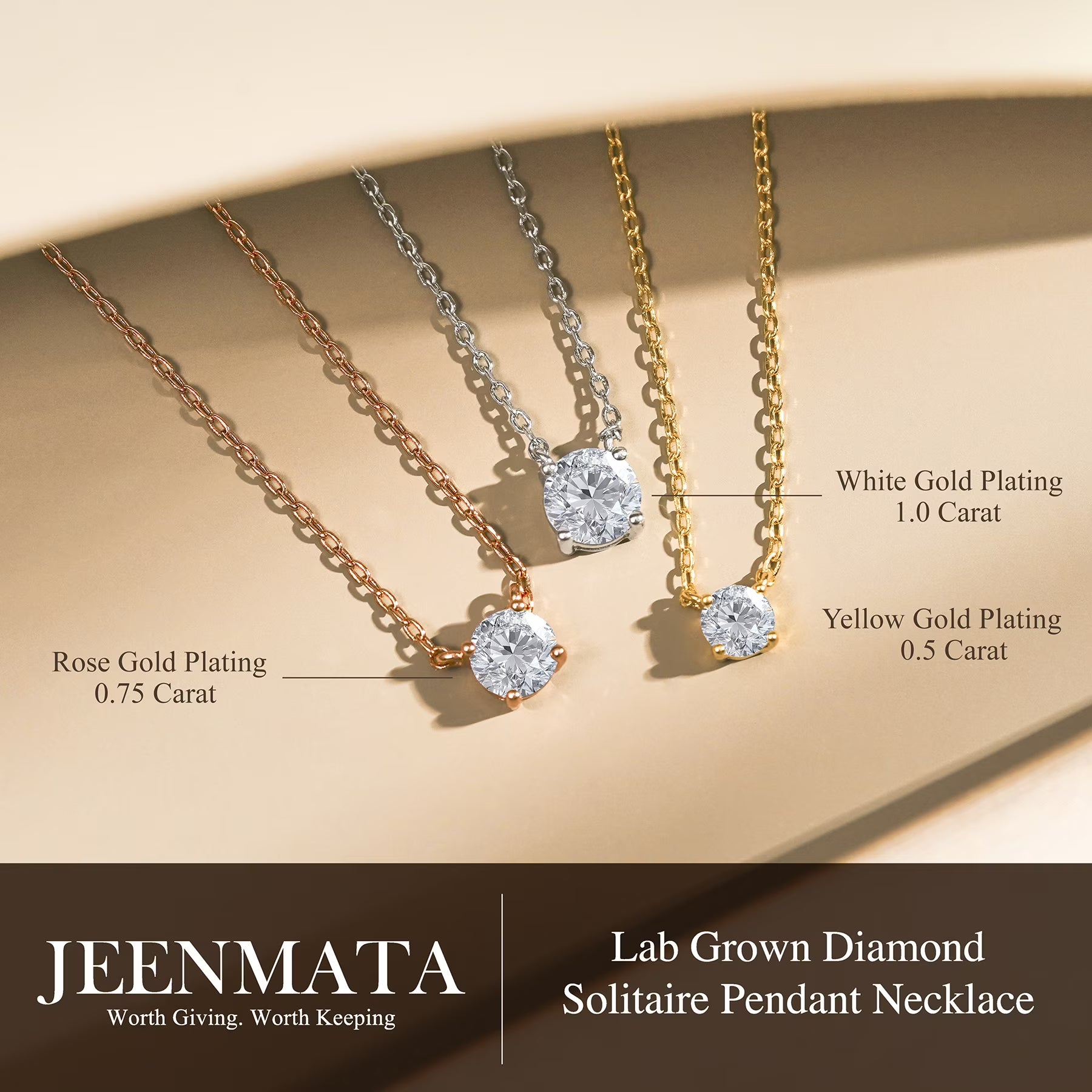 JeenMata Lab Grown Diamond 0.75 Carat Round Cut Classic Solitaire Pendant Necklace - in 18K Yellow Gold Plating for Women