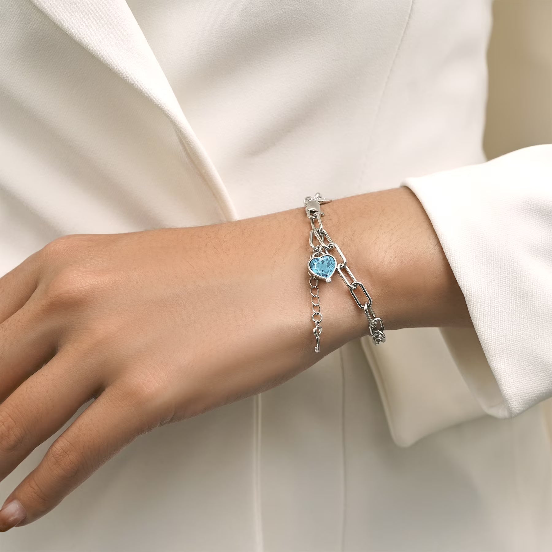 JeenMata 3 Carat March Heart & Key Charm Birthstone Bracelet - 18K White Gold Plating for Women