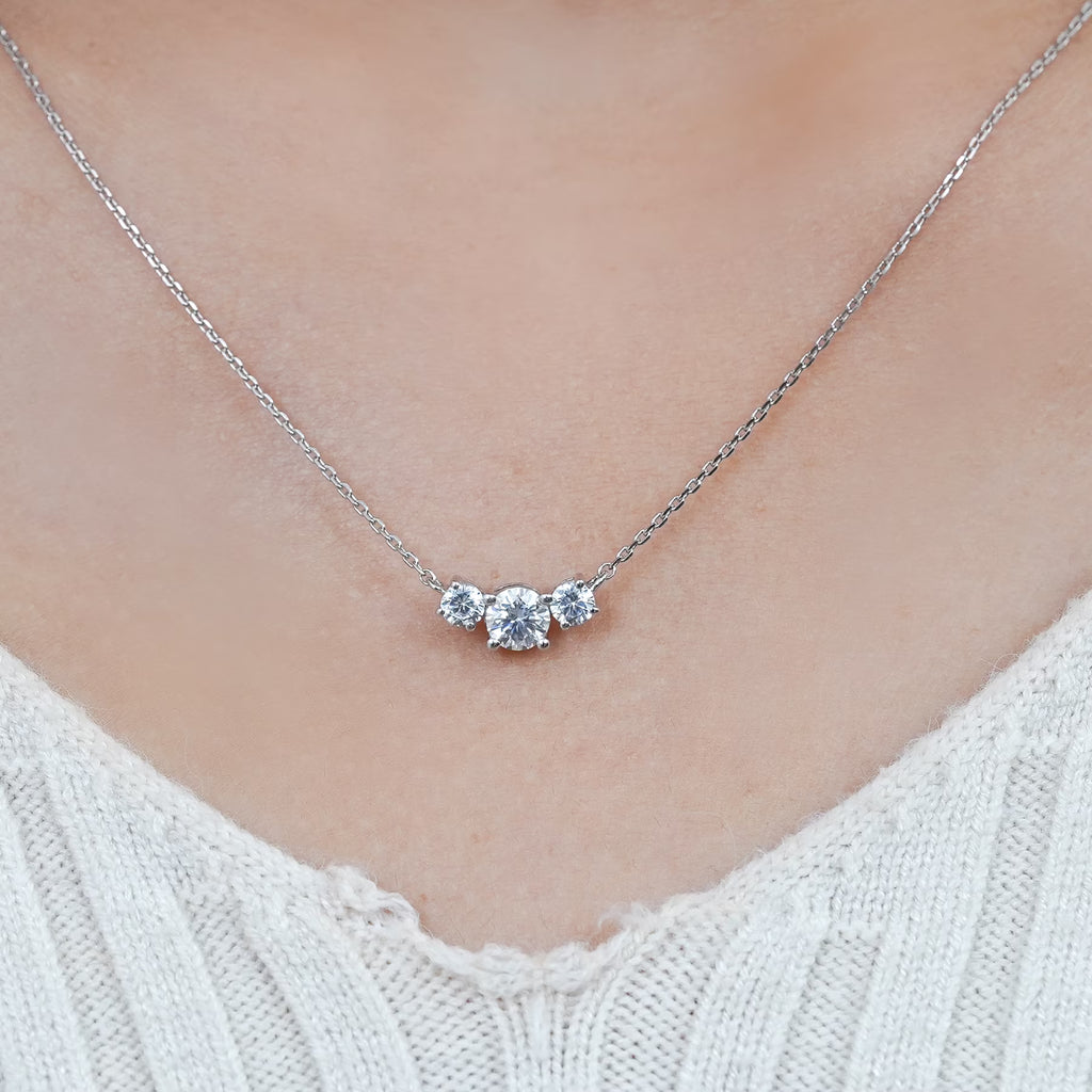 JeenMata 1 Carat Lab Grown Diamond Pendant Necklace - Round Cut Three Stones Pendant in White Gold Plating