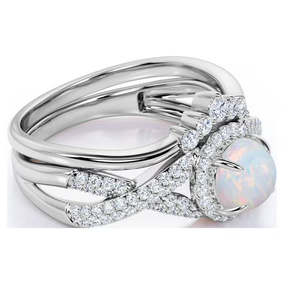JeenMata 1 Carat Vintage Round Cut Blue Lab Created Opal and Moissanite Wedding Ring Set in 18K White Gold Plating for Women