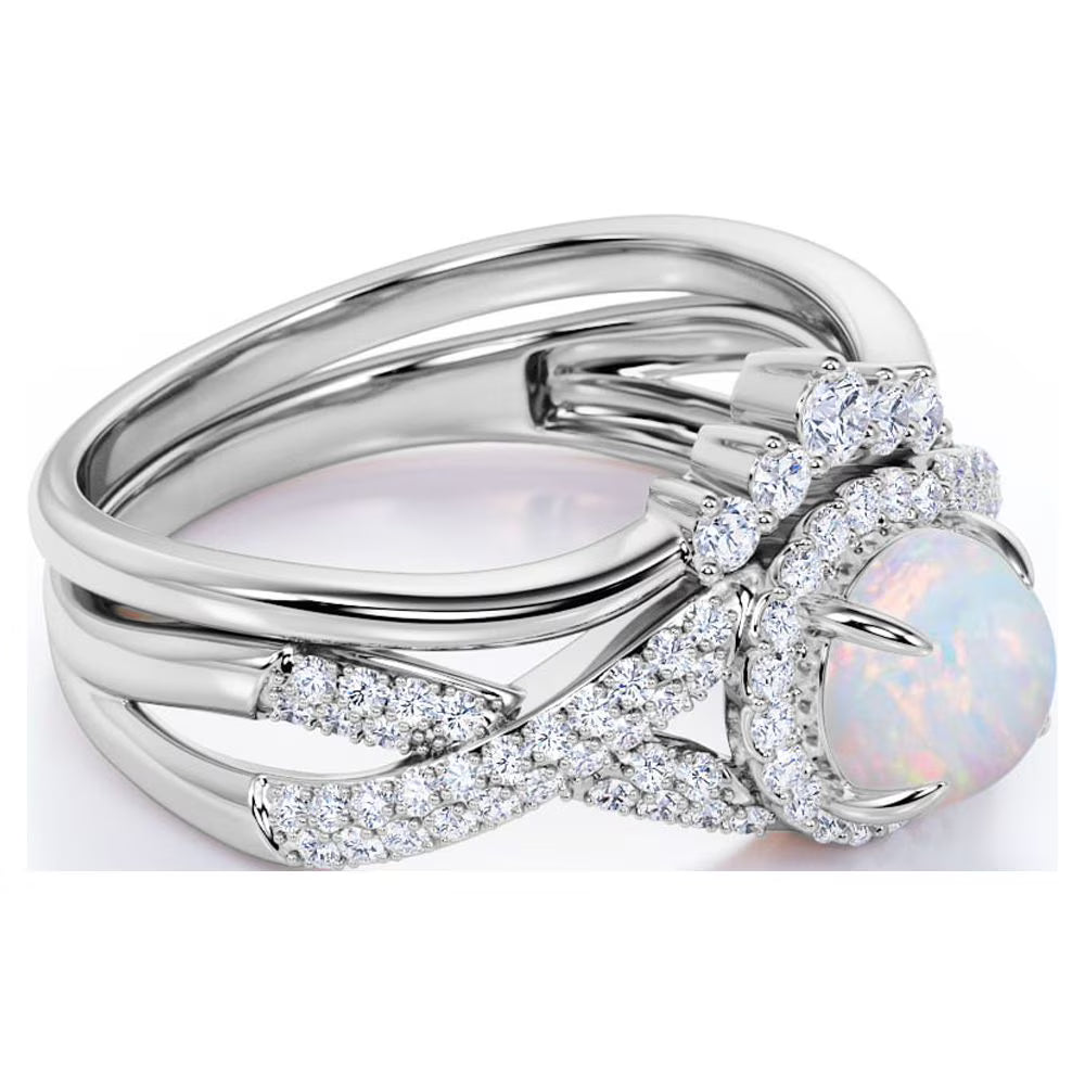 JeenMata 1 Carat Vintage Round Cut Blue Lab Created Opal and Moissanite Wedding Ring Set in 18K White Gold Plating for Women