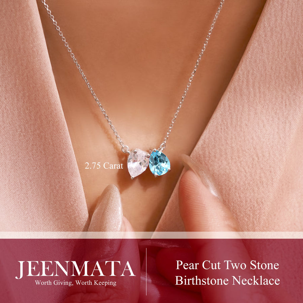 JeenMata 2.75 Carat March Birthstone Necklace - Pear Cut Two Stone Aquamarine & Cubic Zirconia Necklaces in 18K White Gold Plating Gift for Women, Mother, Her