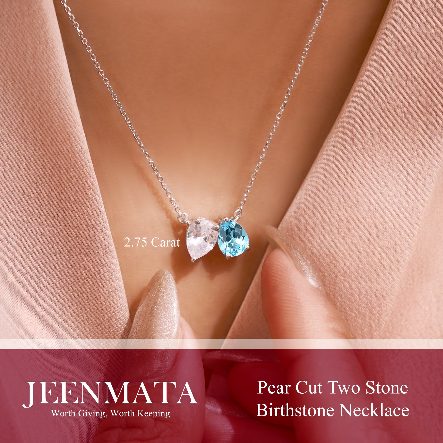 JeenMata 2.75 Carat March Birthstone Necklace - Pear Cut Two Stone Aquamarine & Cubic Zirconia Necklaces in 18K White Gold Plating Gift for Women, Mother, Her