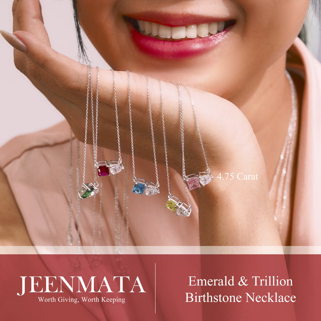 JeenMata 4.75 Carat Blue Topaz & Cubic Zirconia Two Stone Birthstone Necklaces - December Birthstone Emerald and Trillion Cut Pendant Necklace in 18K White Gold Plating Gift for Women