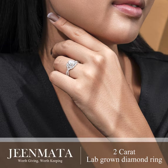 JeenMata 2 Carat Oval Cut Lab Grown Diamond - Engagement Ring with Infinity Band in 18K White Gold Plating for Woman
