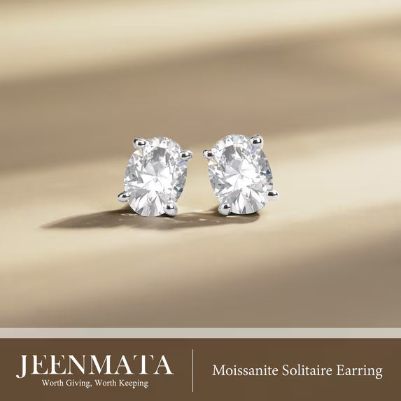 JeenMata 4 Prong 4 Carat Oval Cut Moissanite Solitaire Stud Earrings in 18k White Gold Plating for Women