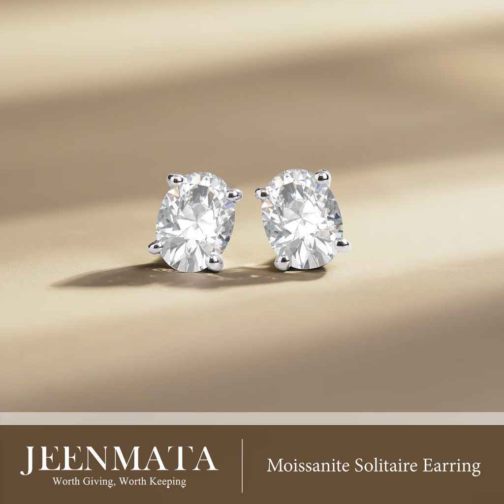JeenMata 1 Carat Ovate Moissanite 4 Prong Solitaire Stud Earrings in 18k White Gold Plating for Women