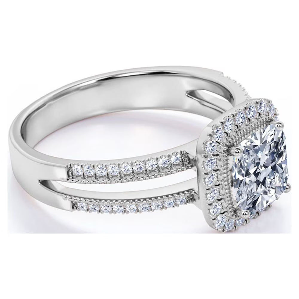 JeenMata 0.63 ct Cushion Cut Lab Grown Diamond - Vintage Style - Engagement Ring - Split Shank - Halo Ring - 10K White Gold