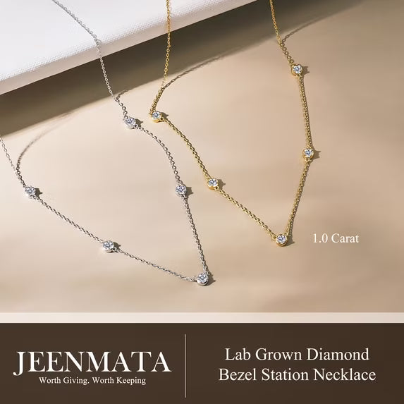 JeenMata 1 Carat Lab Grown Diamond Five Stone Bezel Station Necklaces - in 18K White Gold Plating Necklace for Women, Female, Adult