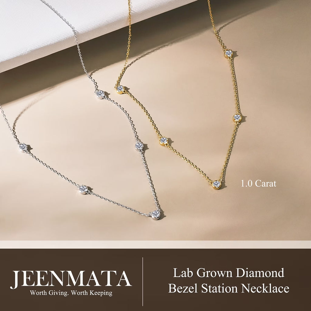 JeenMata 1 Carat Lab Grown Diamond Five Stone Bezel Station Necklaces - in 18K Yellow Gold Plating Necklace for Women, Female, Adult