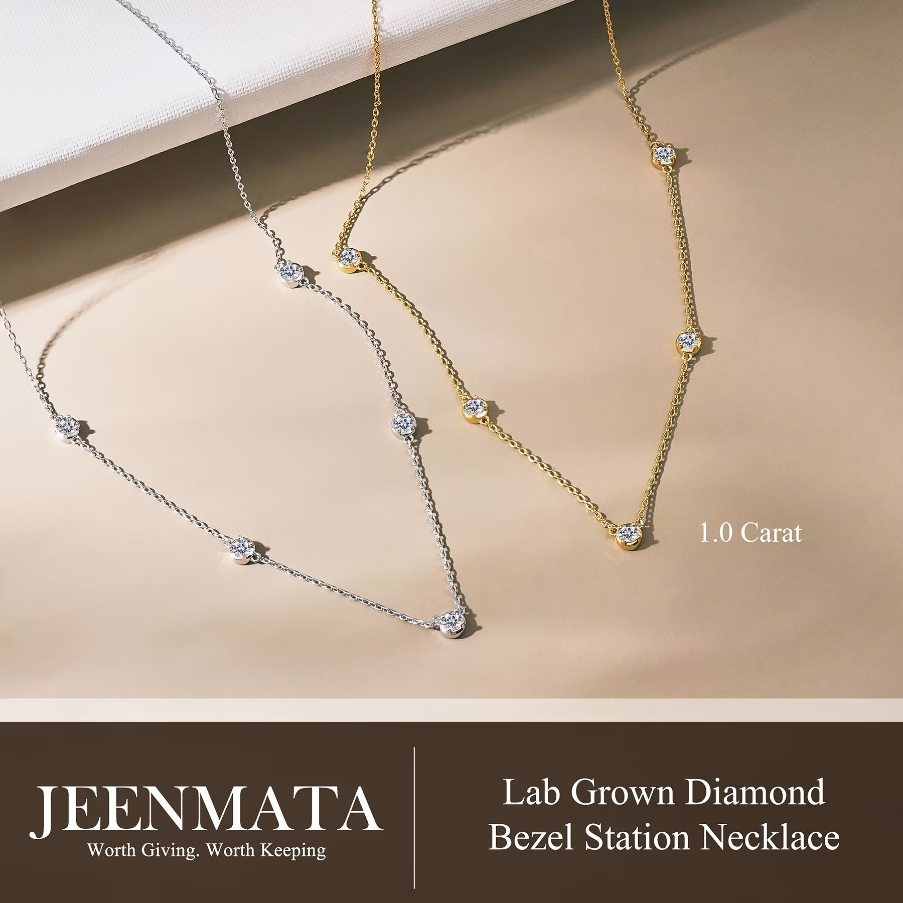 JeenMata 1 Carat Lab Grown Diamond Five Stone Bezel Station Necklaces - in 18K Yellow Gold Plating Necklace for Women, Female, Adult