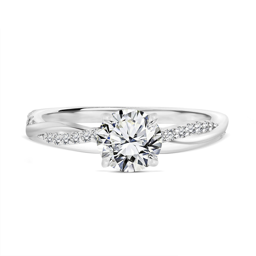 JeenMata Cathedral Prong 1 Carat Round Shaped Moissanite Half Pave Infinity Twisted Shank Engagement Ring In 18K White Gold Plating Over Silver