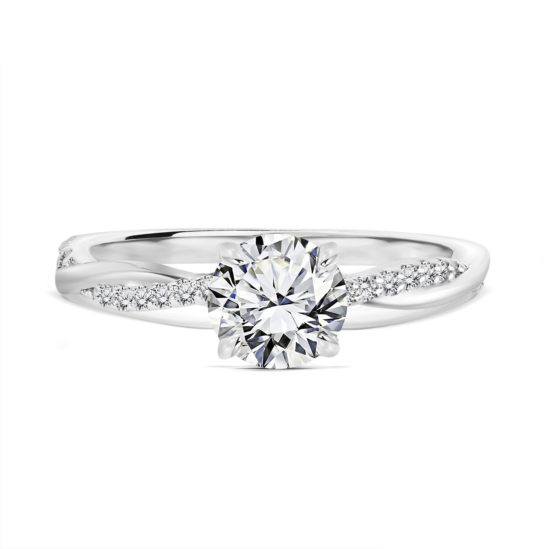 JeenMata Cathedral Prong 1 Carat Round Shaped Moissanite Half Pave Infinity Twisted Shank Engagement Ring In 18K White Gold Plating Over Silver