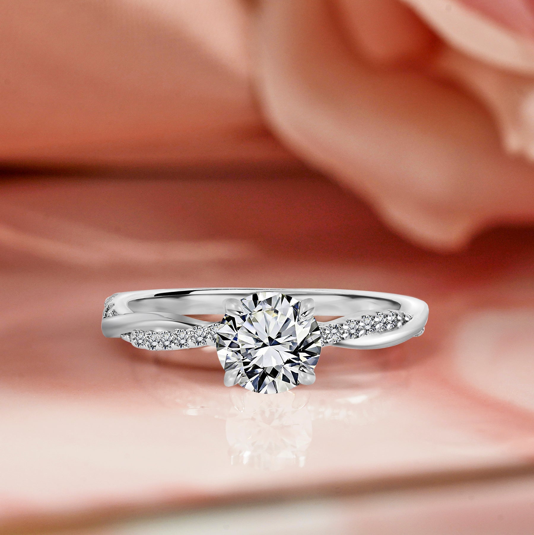 JeenMata Cathedral Prong 1 Carat Round Shaped Moissanite Half Pave Infinity Twisted Shank Engagement Ring In 18K White Gold Plating Over Silver