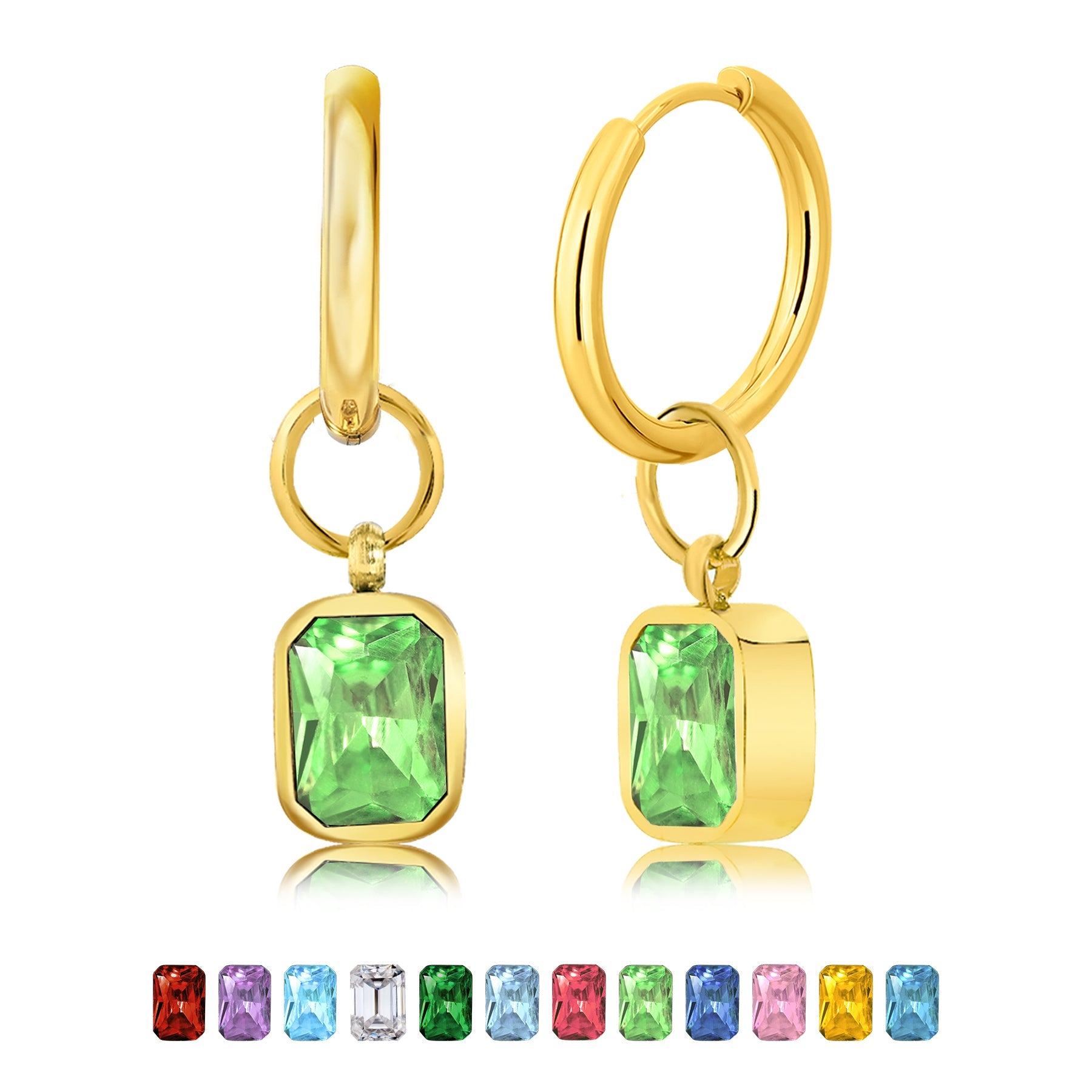 2 Carat Emerald Cut - Peridot - August Birthstone Bezel Huggie Hoop Earrings - 18K Yellow Gold Plating