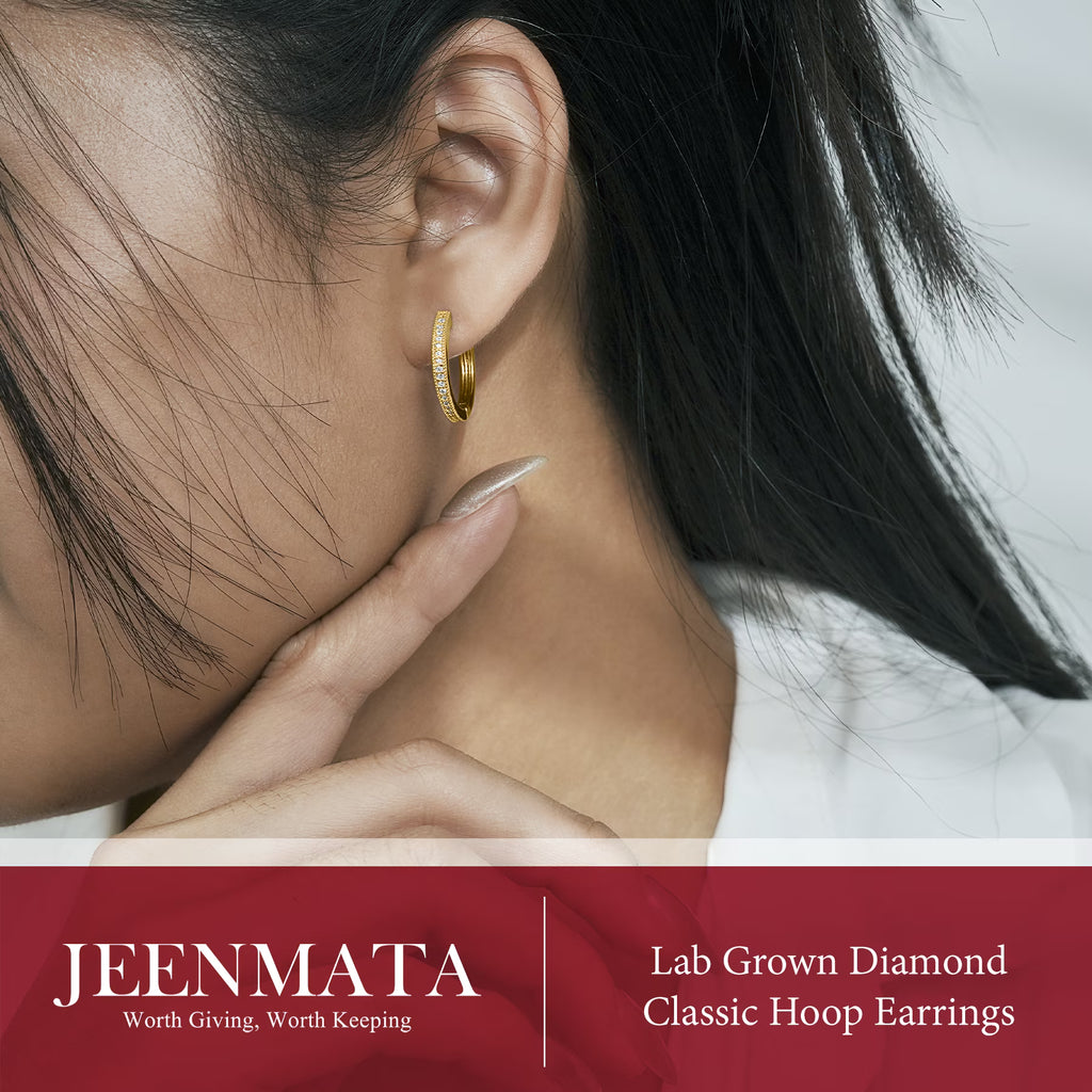 JeenMata Lab Grown Diamond Hoop Earrings - Round Cut Classic Earrings in Yellow Gold Plating for Women