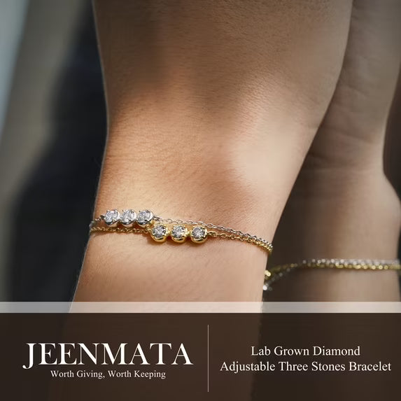 JeenMata Lab Grown Diamond Three Stones Bracelet - Adjustable Slider Yellow Gold Plating Bracelet for Women